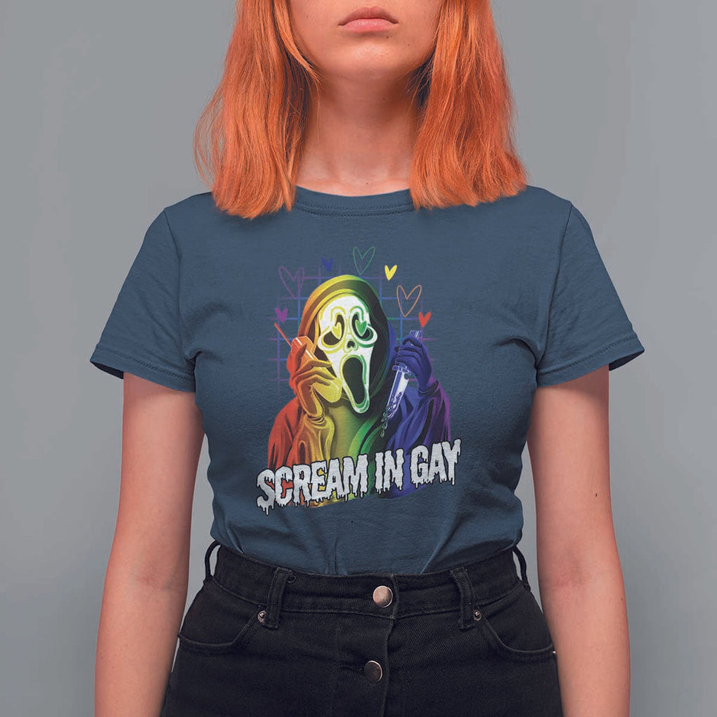 Halloween LGBT T Shirt For Women Scream In Gay Ghost Murderer Rainbow TS11 Navy Print Your Wear