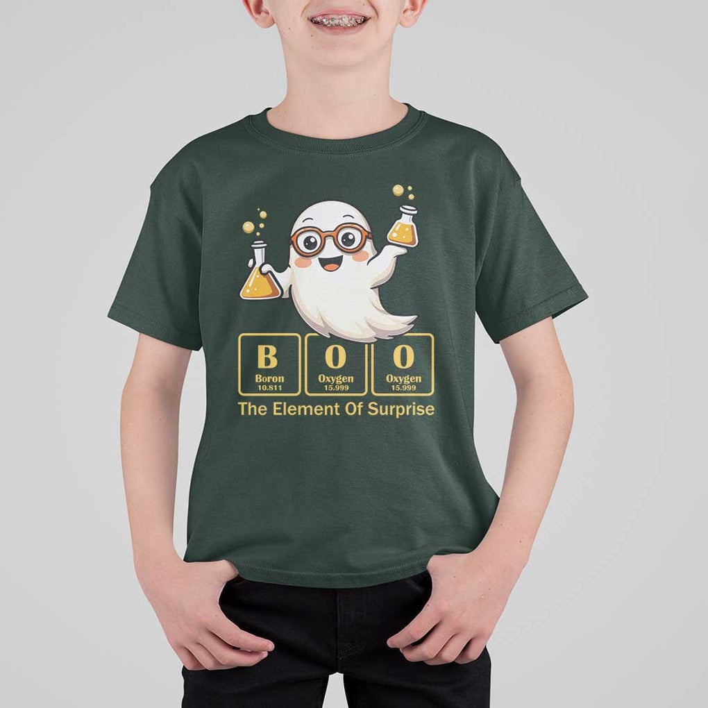 Halloween Chemistry T Shirt For Kid Boo The Element Of Surprise Ghost Nerd TS11 Dark Forest Green Print Your Wear