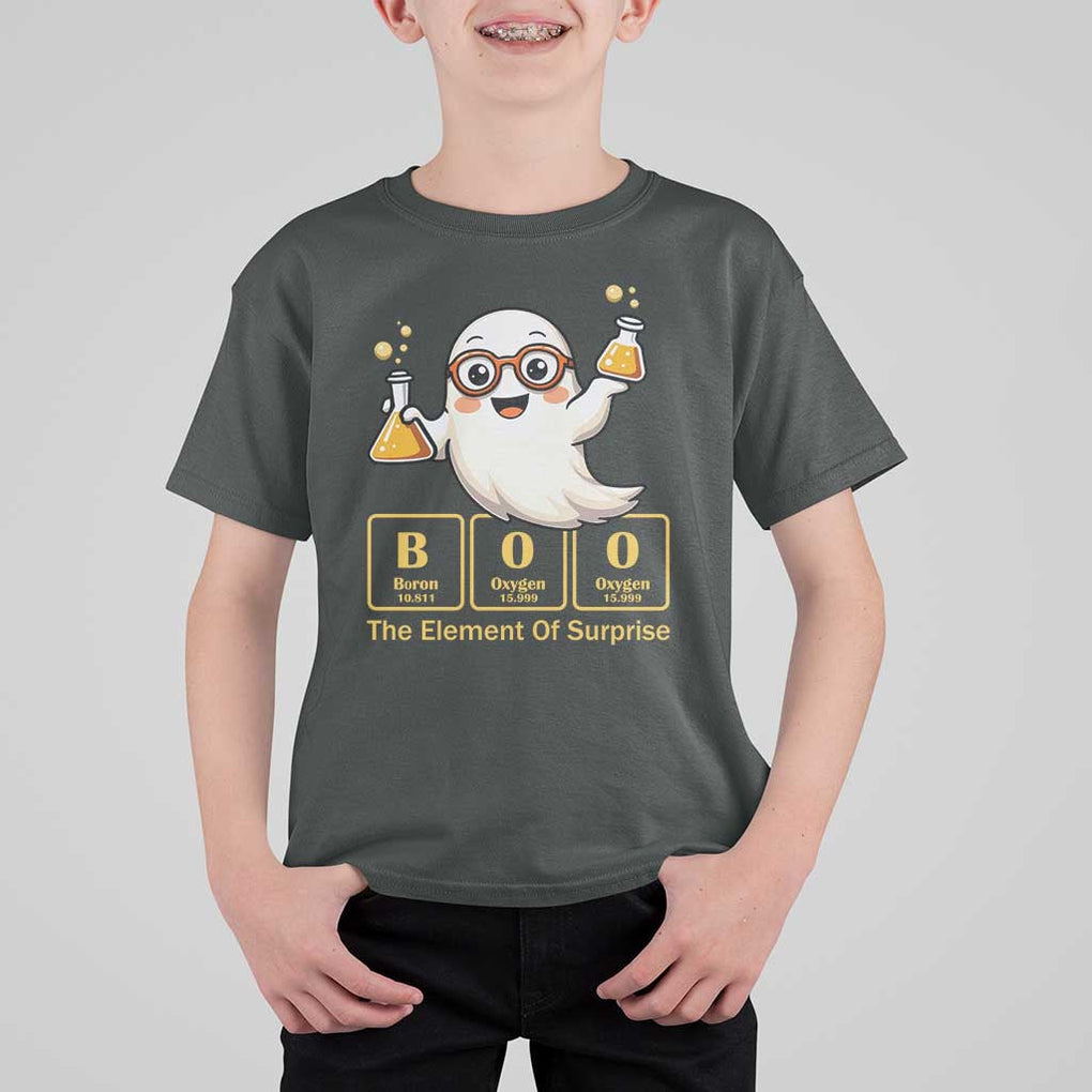 Halloween Chemistry T Shirt For Kid Boo The Element Of Surprise Ghost Nerd TS11 Dark Heather Print Your Wear