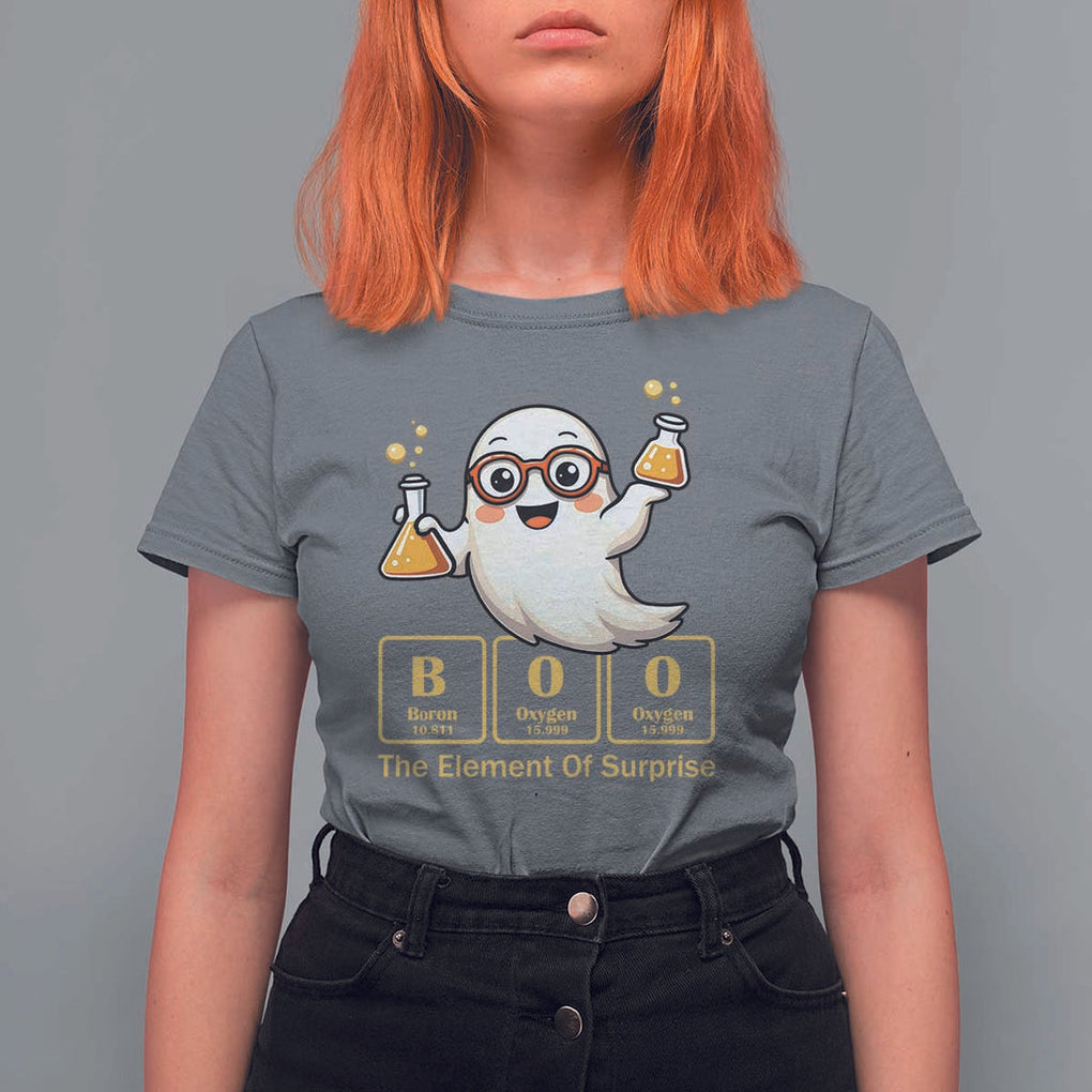 Halloween Chemistry T Shirt For Women Boo The Element Of Surprise Ghost Nerd TS11 Charcoal Print Your Wear
