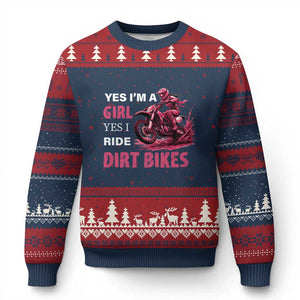 Yes I'm A Girl Yes I Ride Dirt Bikes Ugly Christmas Sweater Motocross Biker TS11 Navy Red Print Your Wear