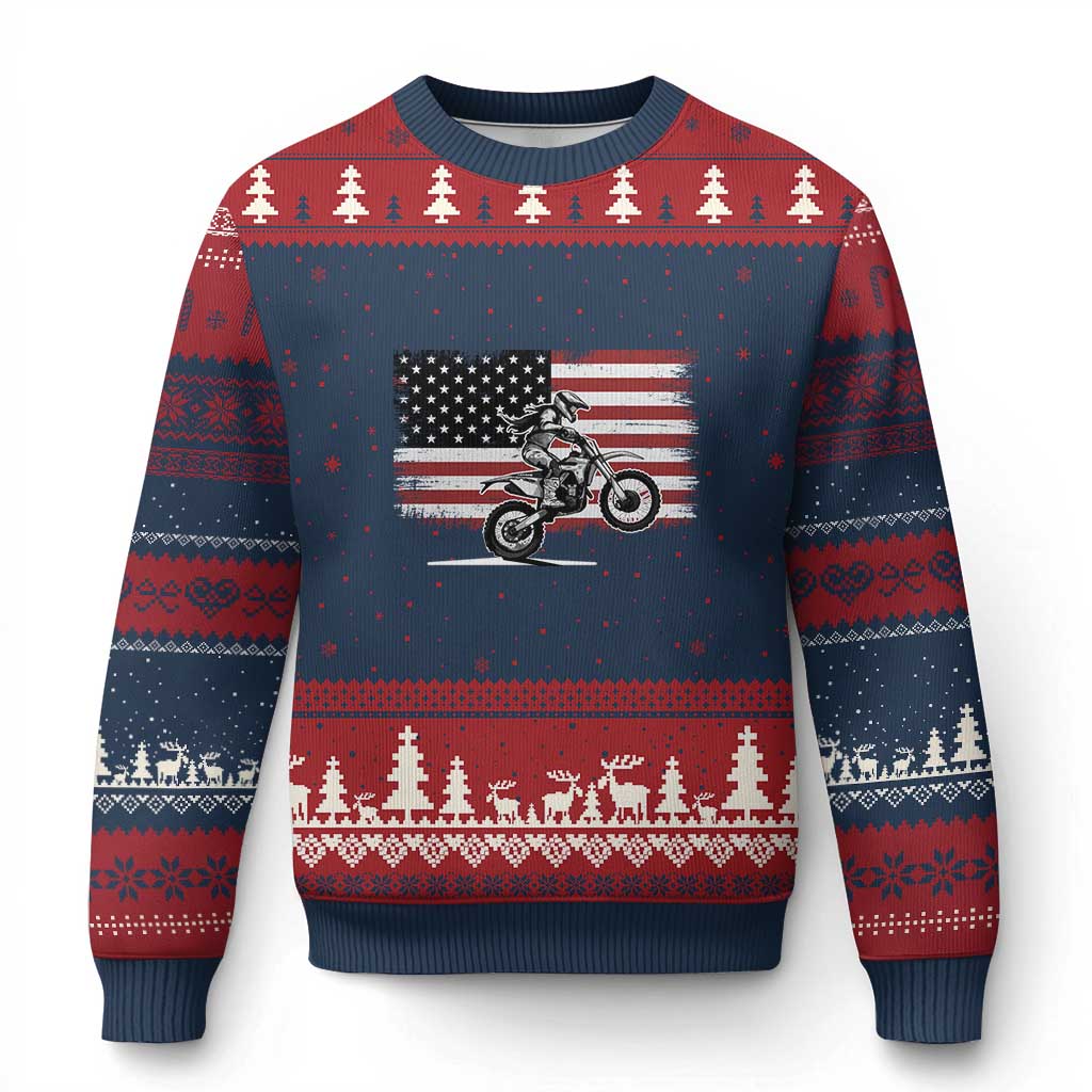 Dirt Bike Woman Rider Ugly Christmas Sweater American Flag Motocross Biker TS11 Navy Red Print Your Wear