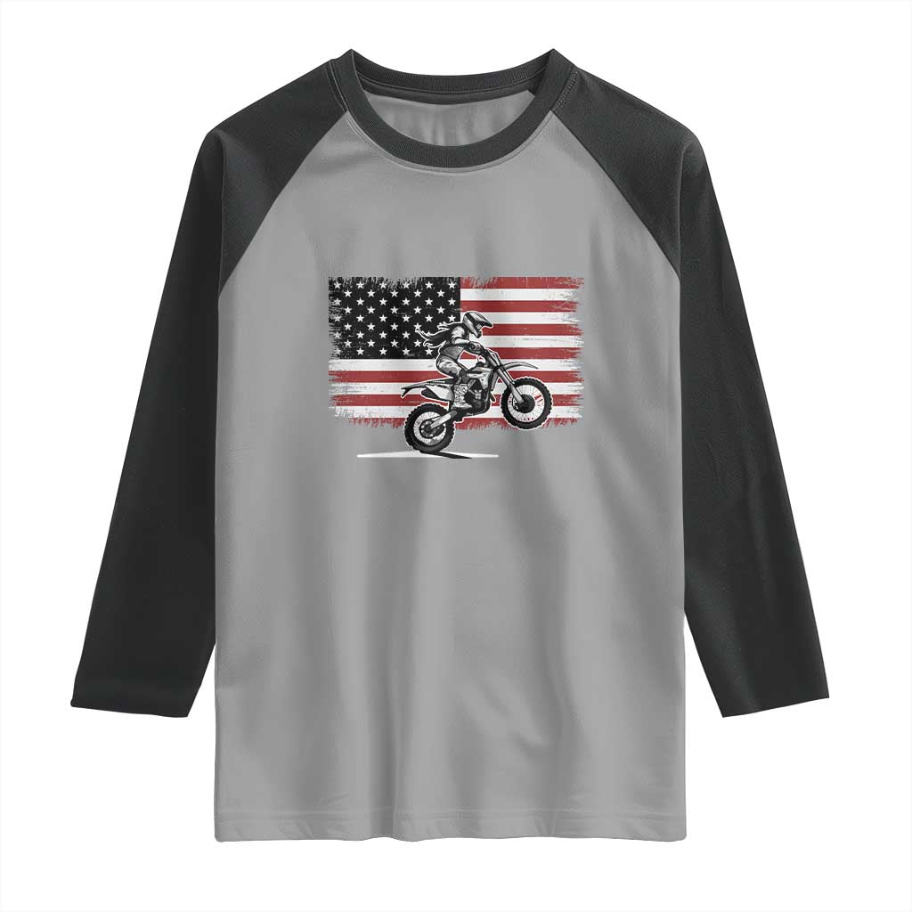 Dirt Bike Woman Rider Raglan Shirt American Flag Motocross Biker TS11 Sport Gray Black Print Your Wear