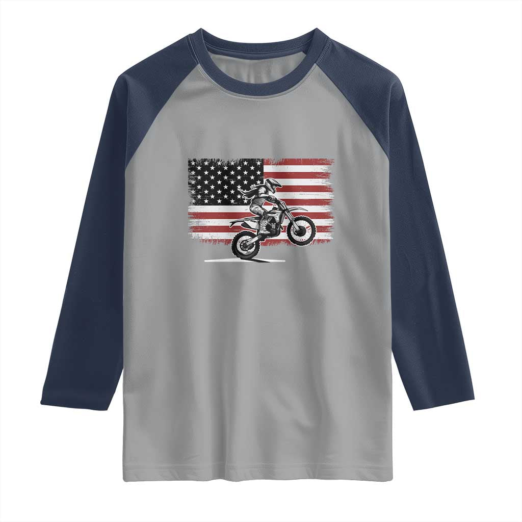 Dirt Bike Woman Rider Raglan Shirt American Flag Motocross Biker TS11 Sport Gray Navy Print Your Wear