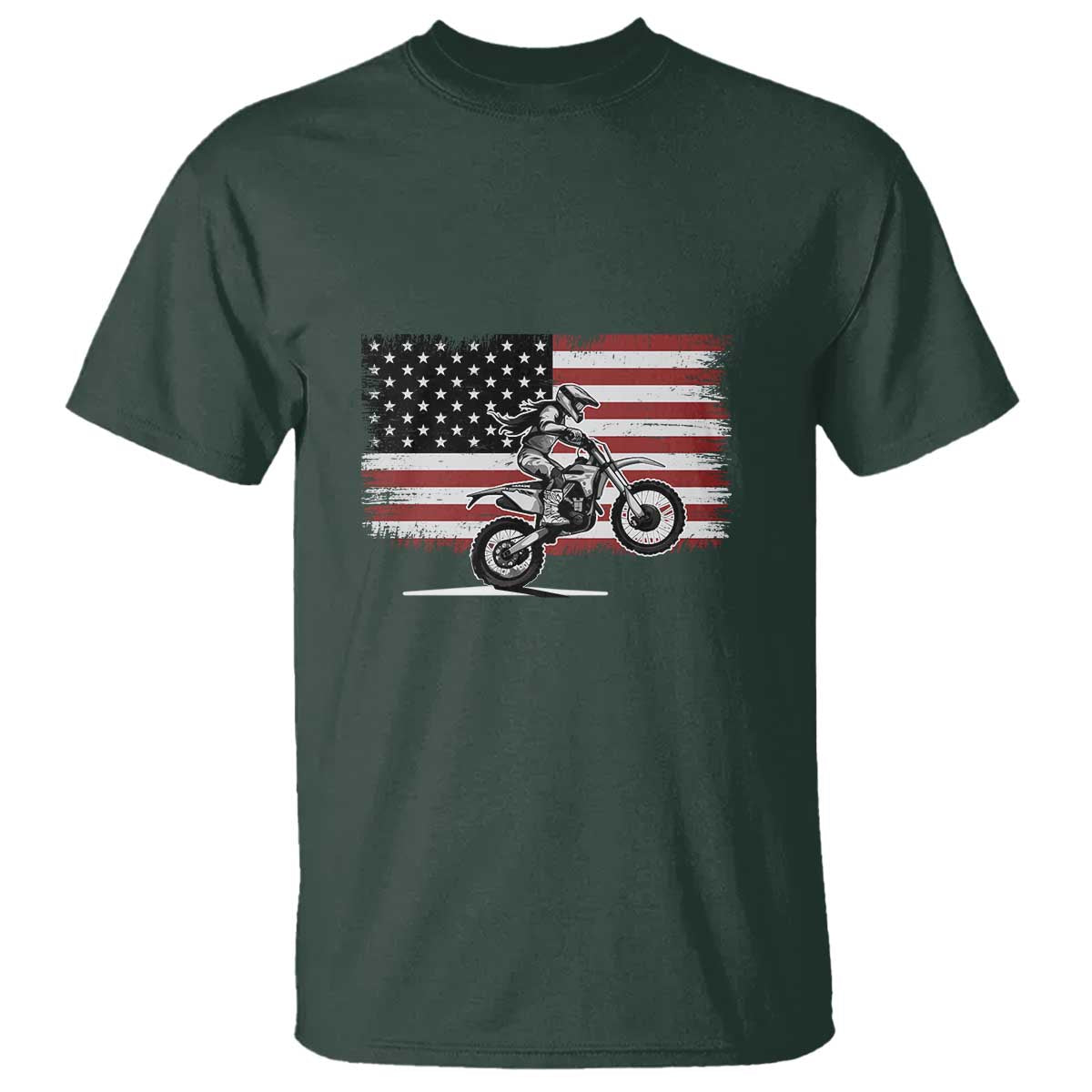 Dirt Bike Woman Rider T Shirt American Flag Motocross Biker TS11 Dark Forest Green Print Your Wear