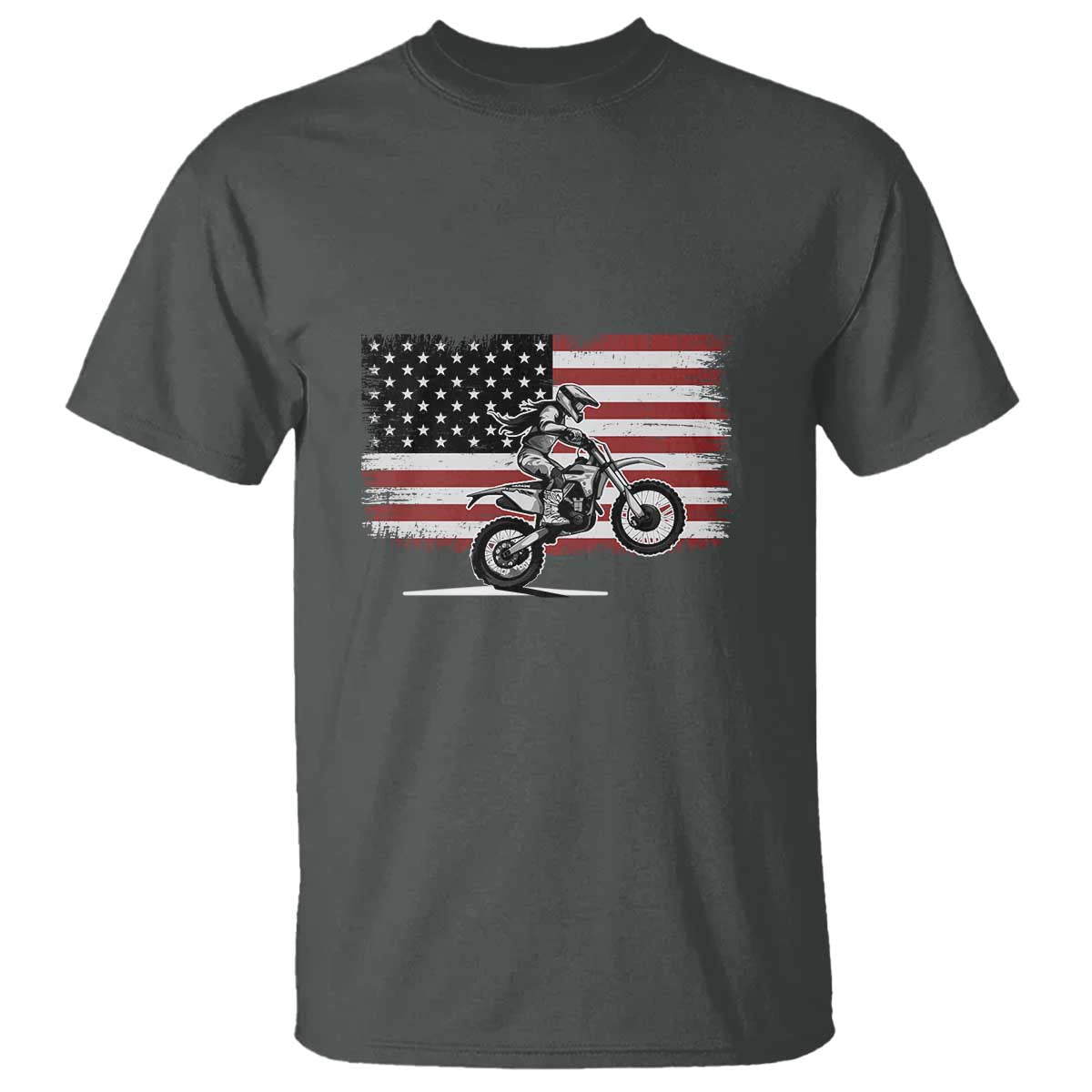 Dirt Bike Woman Rider T Shirt American Flag Motocross Biker TS11 Dark Heather Print Your Wear