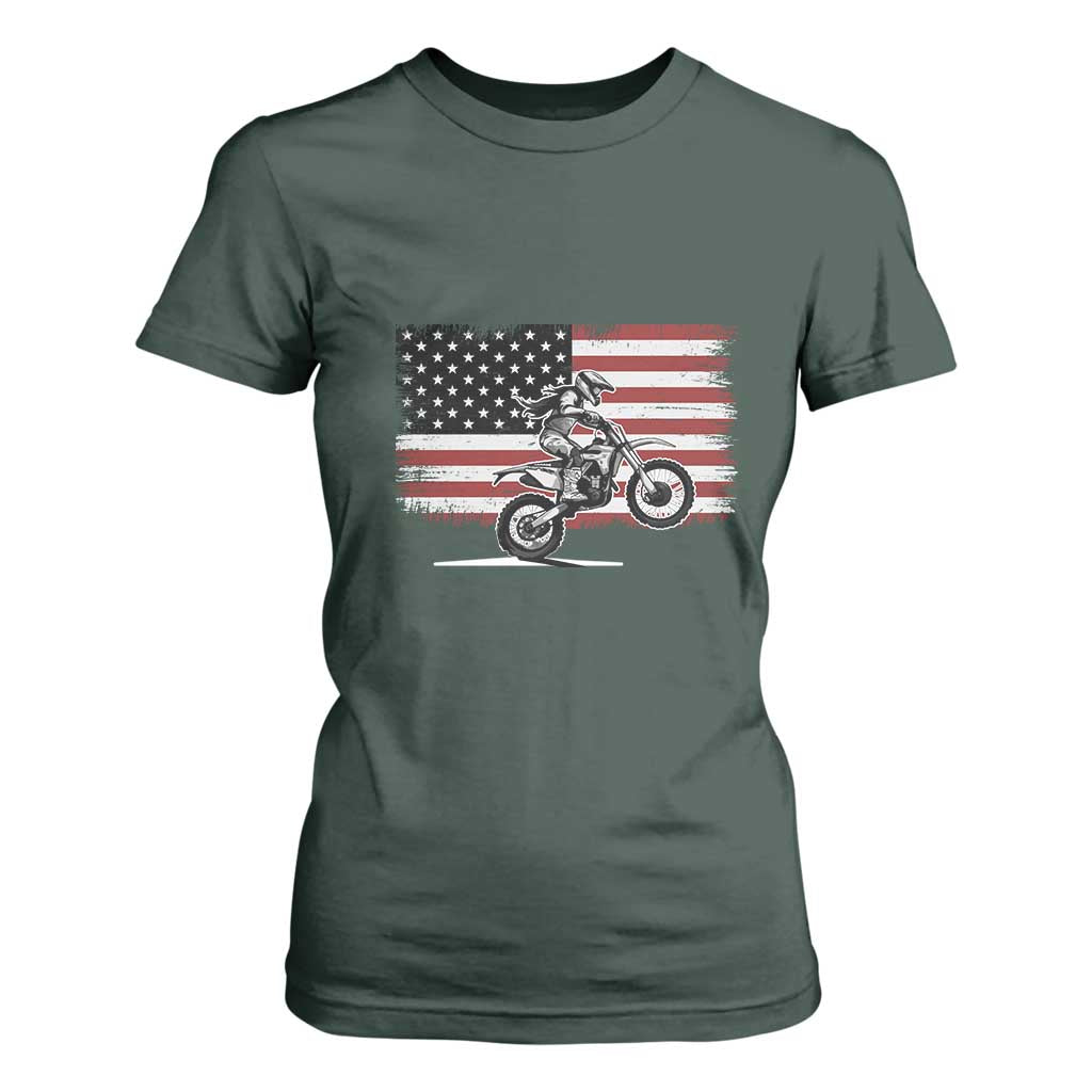 Dirt Bike Woman Rider T Shirt For Women American Flag Motocross Biker TS11 Dark Forest Green Print Your Wear