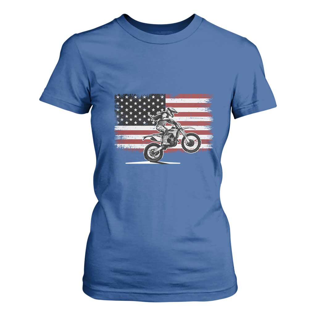 Dirt Bike Woman Rider T Shirt For Women American Flag Motocross Biker TS11 Royal Blue Print Your Wear