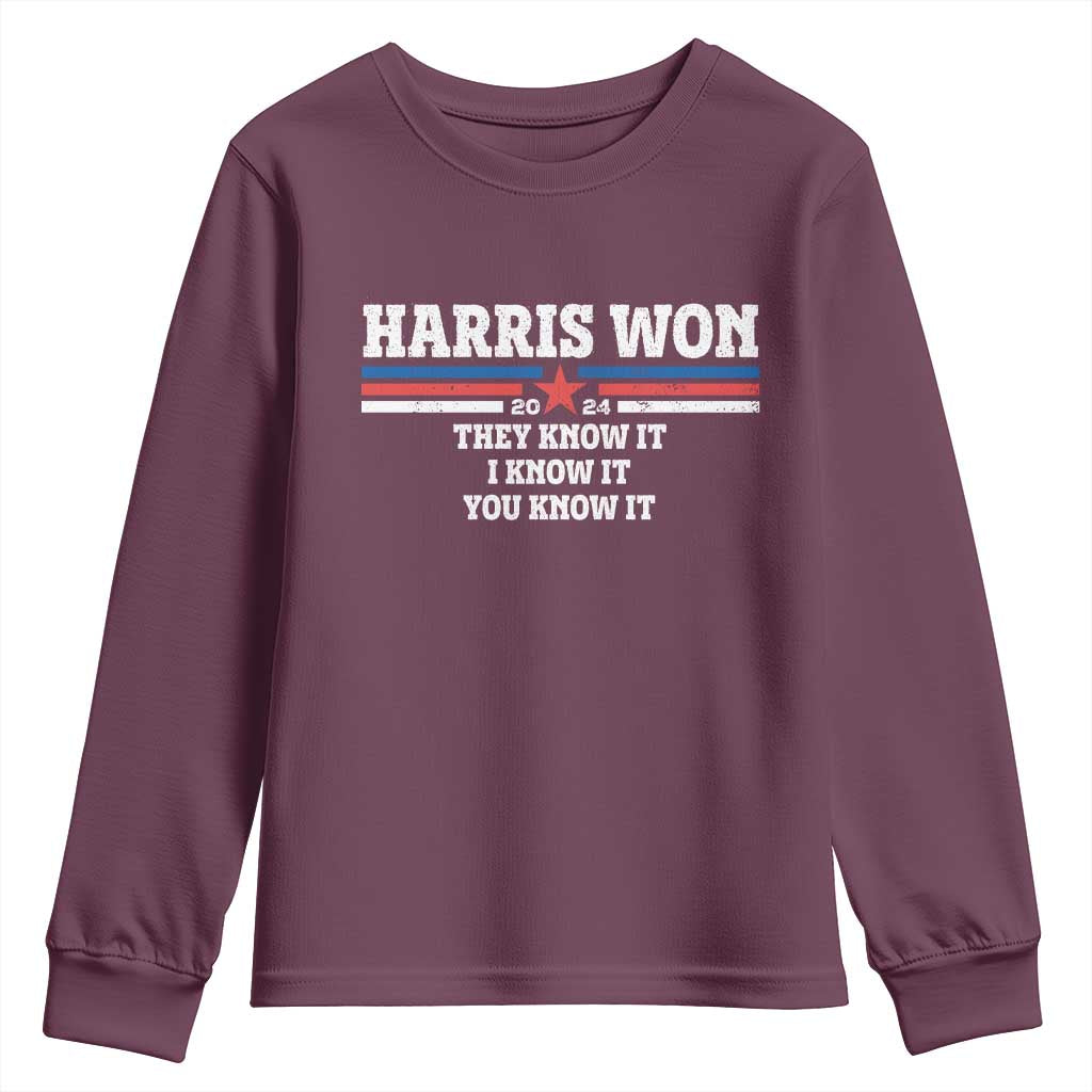 Harris Won 2024 Youth Sweatshirt They I And You Know It US Election TS11 Maroon Print Your Wear