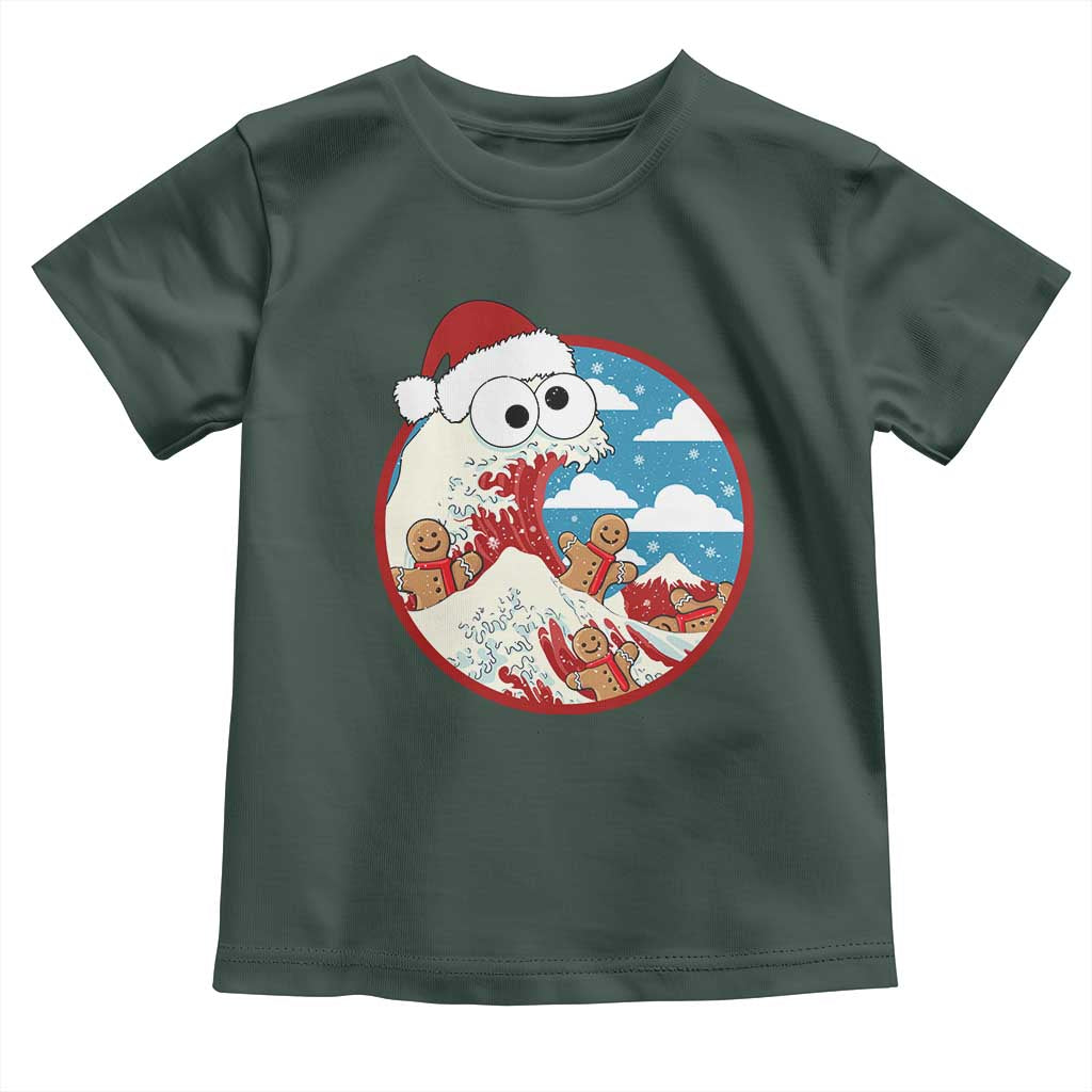 Funny Christmas Baby Shirt Santa Tsunami Is Eating Ginger Bread Xmas TS11 Dark Forest Green Print Your Wear