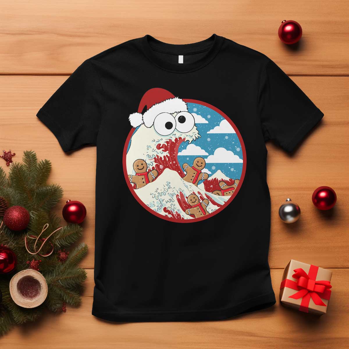 Funny Christmas T Shirt Santa Tsunami Is Eating Ginger Bread Xmas TS11 Black Print Your Wear