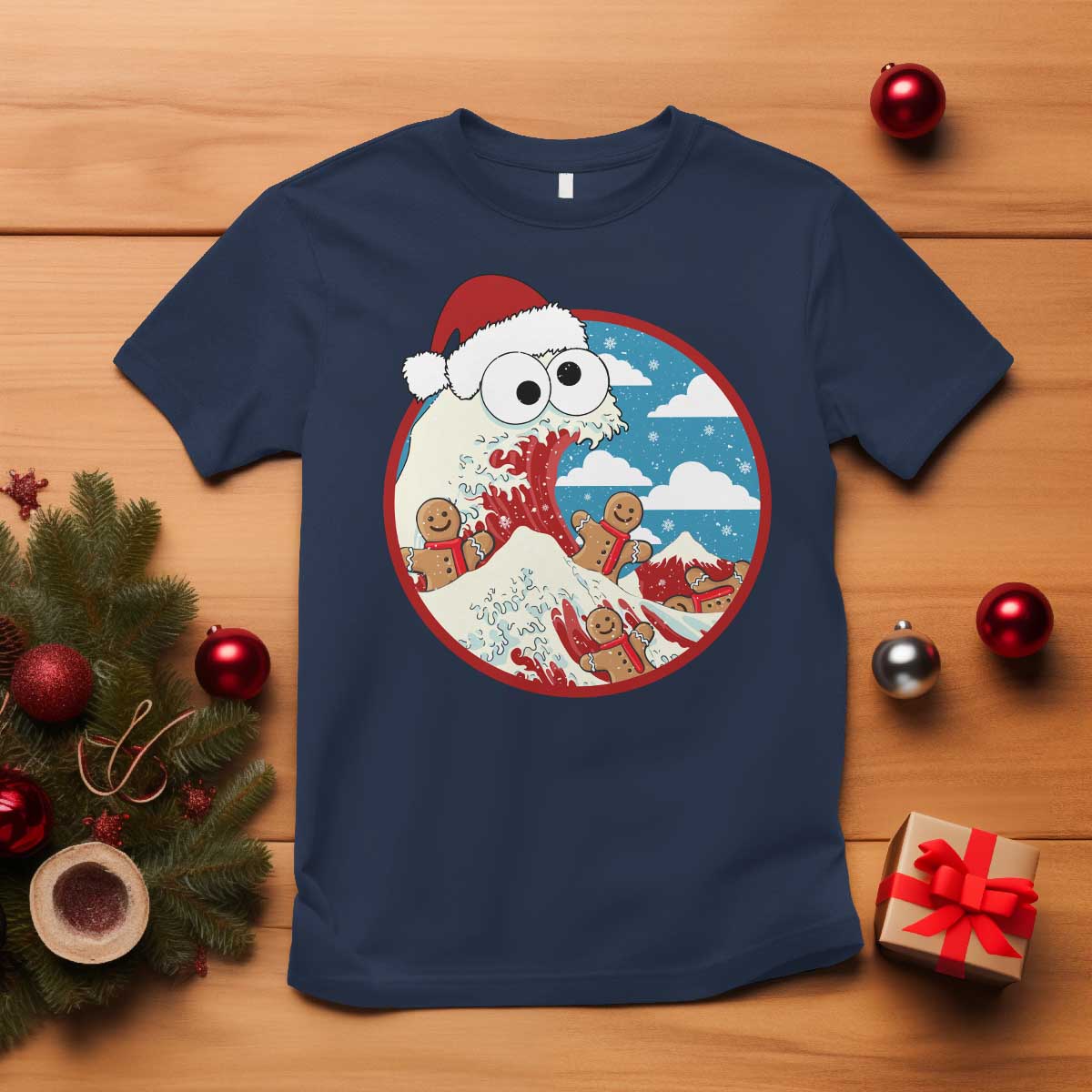 Funny Christmas T Shirt Santa Tsunami Is Eating Ginger Bread Xmas TS11 Navy Print Your Wear