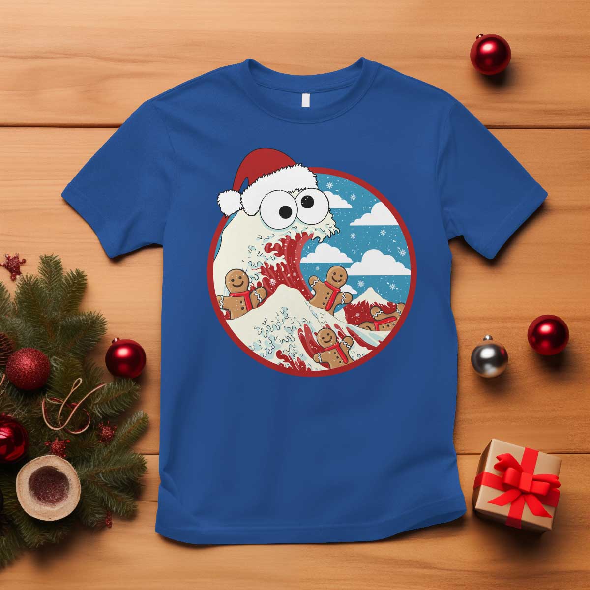 Funny Christmas T Shirt Santa Tsunami Is Eating Ginger Bread Xmas TS11 Royal Blue Print Your Wear