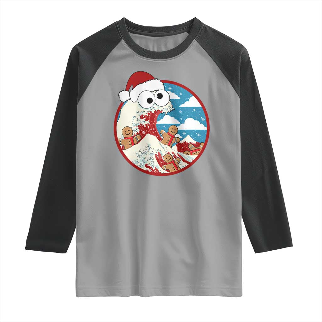 Funny Christmas Raglan Shirt Santa Tsunami Is Eating Ginger Bread Xmas TS11 Sport Gray Black Print Your Wear