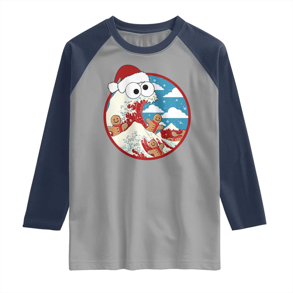 Funny Christmas Raglan Shirt Santa Tsunami Is Eating Ginger Bread Xmas TS11 Sport Gray Navy Print Your Wear