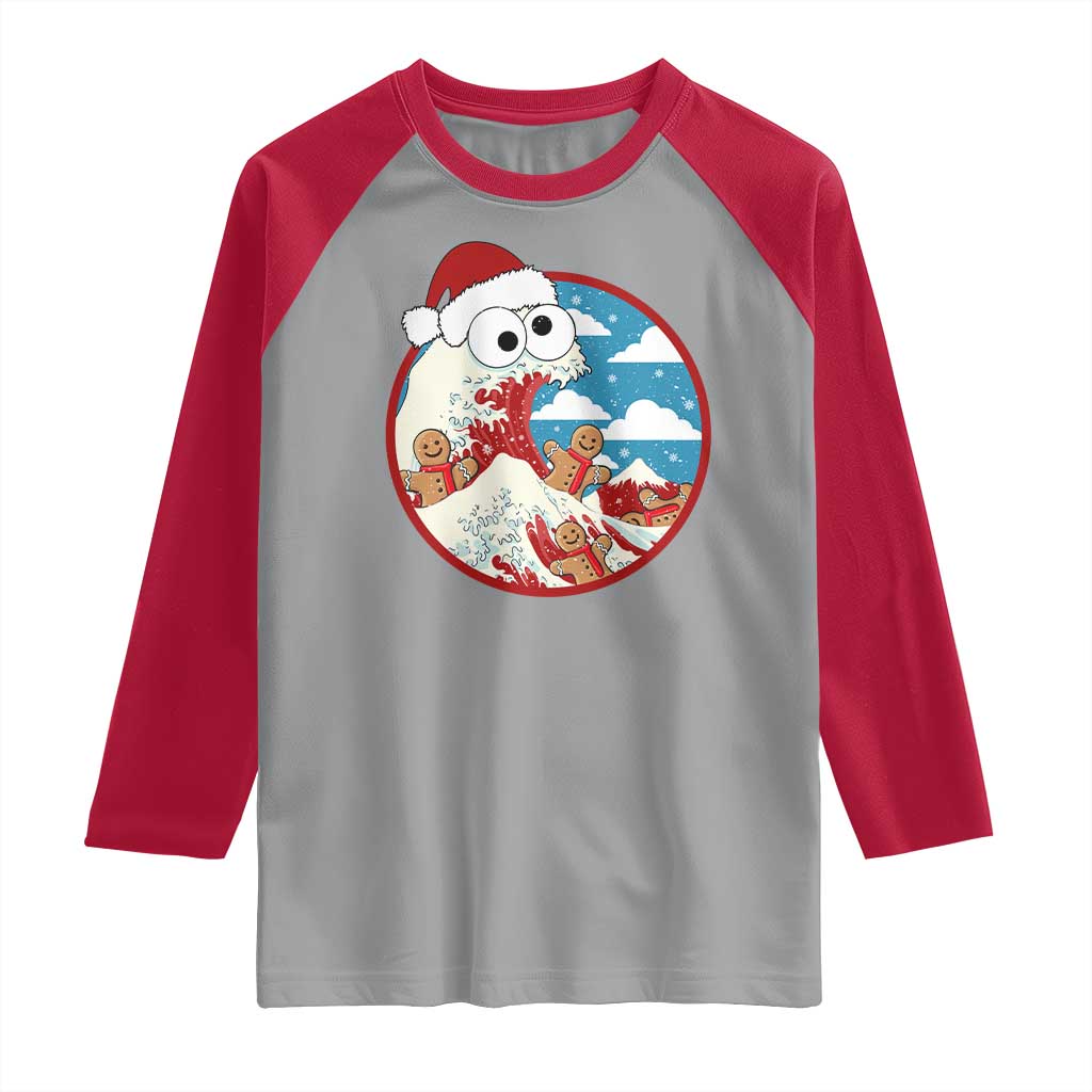 Funny Christmas Raglan Shirt Santa Tsunami Is Eating Ginger Bread Xmas TS11 Sport Gray Red Print Your Wear