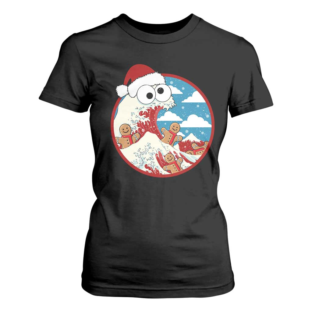 Funny Christmas T Shirt For Women Santa Tsunami Is Eating Ginger Bread Xmas TS11 Black Print Your Wear