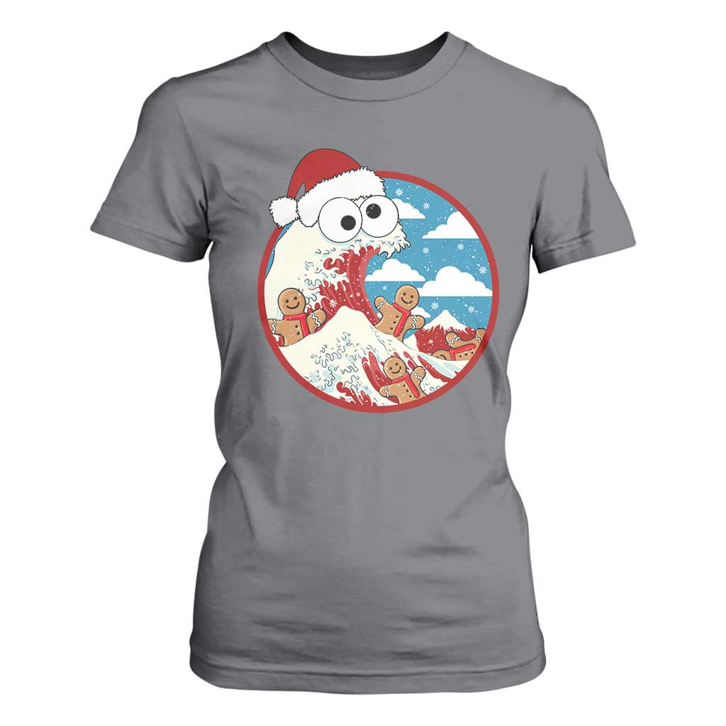 Funny Christmas T Shirt For Women Santa Tsunami Is Eating Ginger Bread Xmas TS11 Charcoal Print Your Wear