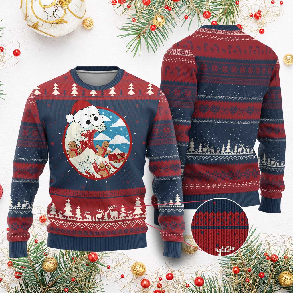 Funny Xmas Ugly Christmas Sweater Santa Tsunami Is Eating Ginger Bread Xmas TS11 Burgundy Print Your Wear