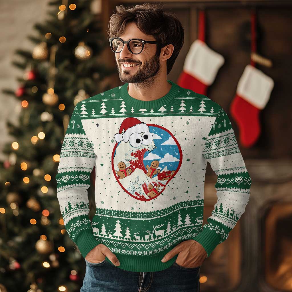 Funny Xmas Ugly Christmas Sweater Santa Tsunami Is Eating Ginger Bread Xmas TS11 Green Print Your Wear