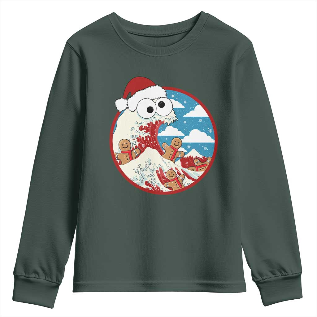 Funny Christmas Youth Sweatshirt Santa Tsunami Is Eating Ginger Bread Xmas TS11 Dark Forest Green Print Your Wear