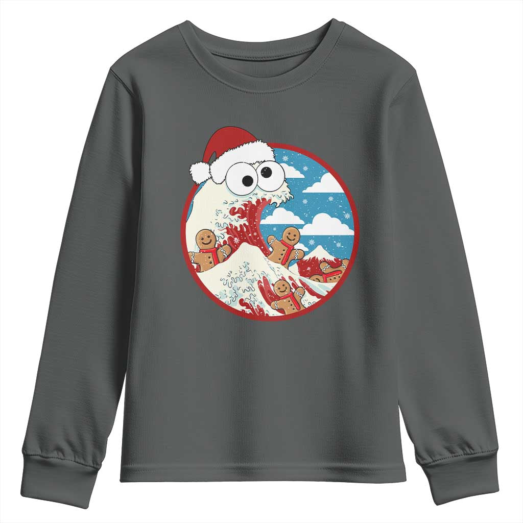 Funny Christmas Youth Sweatshirt Santa Tsunami Is Eating Ginger Bread Xmas TS11 Dark Heather Print Your Wear