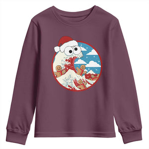 Funny Christmas Youth Sweatshirt Santa Tsunami Is Eating Ginger Bread Xmas TS11 Maroon Print Your Wear