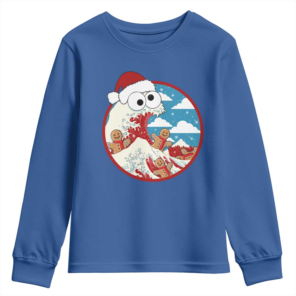 Funny Christmas Youth Sweatshirt Santa Tsunami Is Eating Ginger Bread Xmas TS11 Royal Blue Print Your Wear
