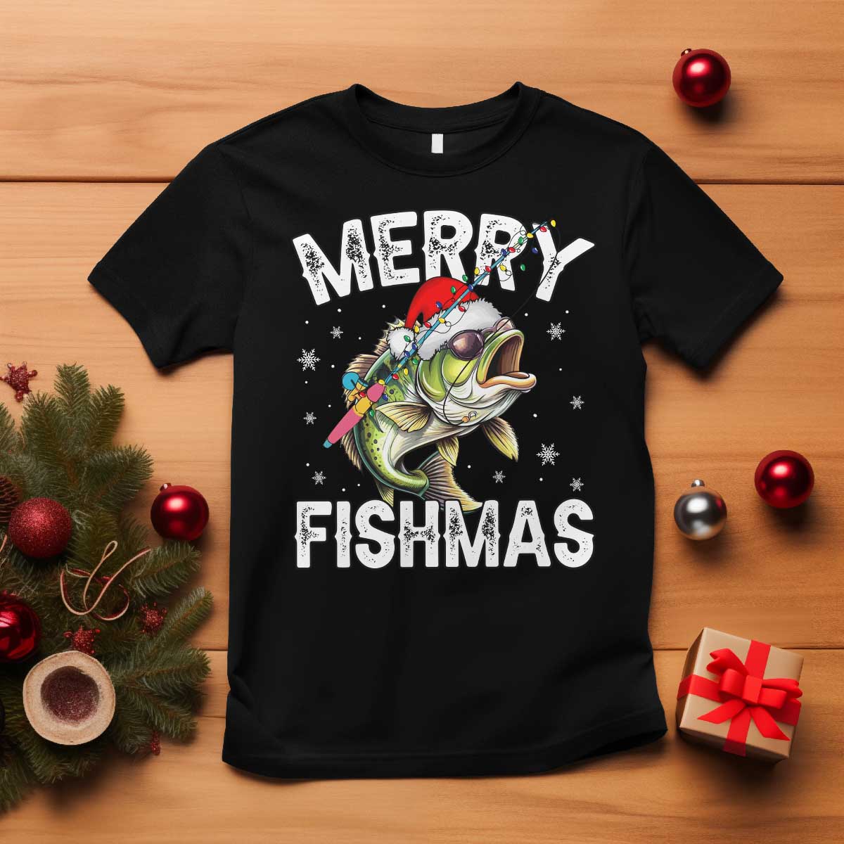 Funny Christmas Fishing T Shirt Merry Fishmas Bass Fish Rod TS11 Black Print Your Wear