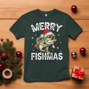 Funny Christmas Fishing T Shirt Merry Fishmas Bass Fish Rod TS11 Dark Forest Green Print Your Wear