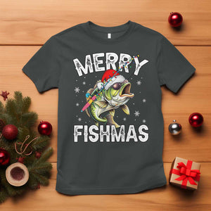 Funny Christmas Fishing T Shirt Merry Fishmas Bass Fish Rod TS11 Dark Heather Print Your Wear