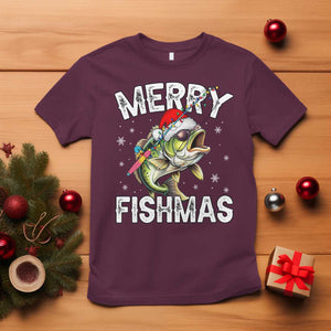 Funny Christmas Fishing T Shirt Merry Fishmas Bass Fish Rod TS11 Maroon Print Your Wear