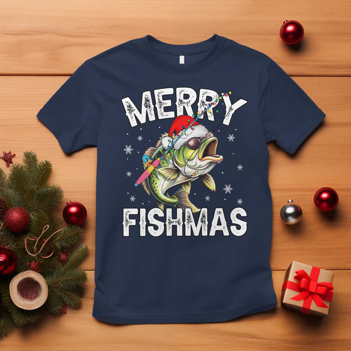 Funny Christmas Fishing T Shirt Merry Fishmas Bass Fish Rod TS11 Navy Print Your Wear