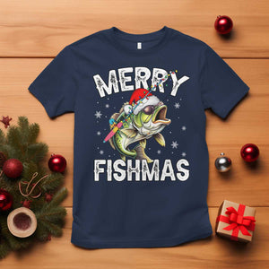 Funny Christmas Fishing T Shirt Merry Fishmas Bass Fish Rod TS11 Navy Print Your Wear