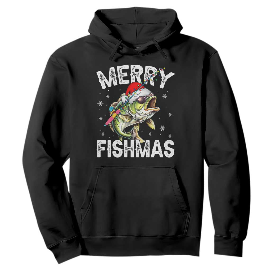Funny Christmas Fishing Hoodie Merry Fishmas Bass Fish Rod TS11 Black Print Your Wear