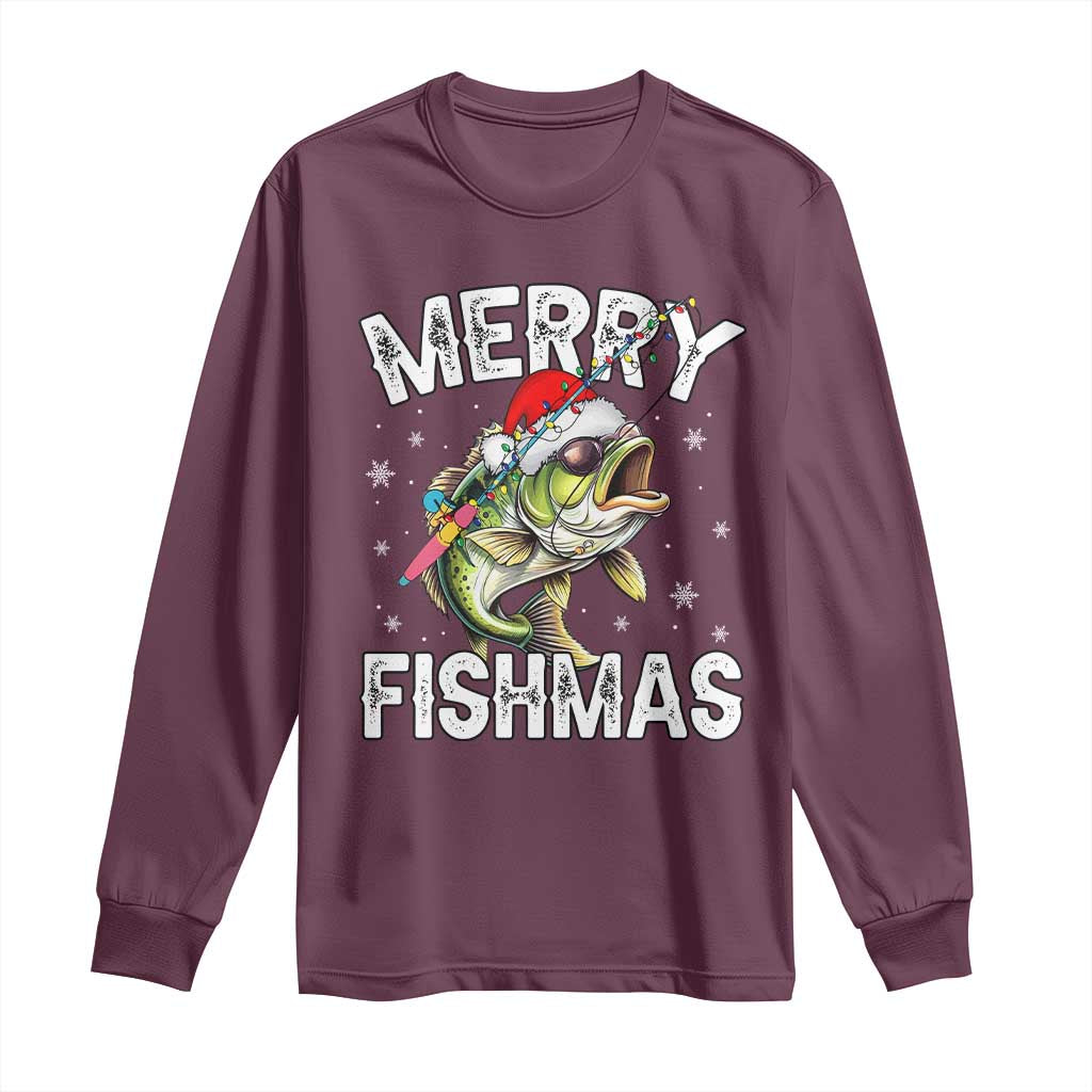Funny Christmas Fishing Long Sleeve Shirt Merry Fishmas Bass Fish Rod TS11 Maroon Print Your Wear