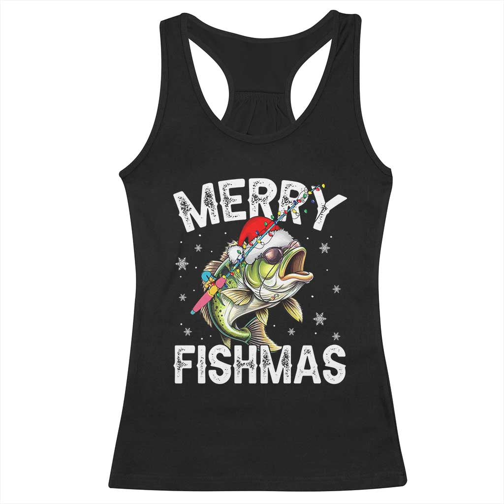 Funny Christmas Fishing Racerback Tank Top Merry Fishmas Bass Fish Rod TS11 Black Print Your Wear