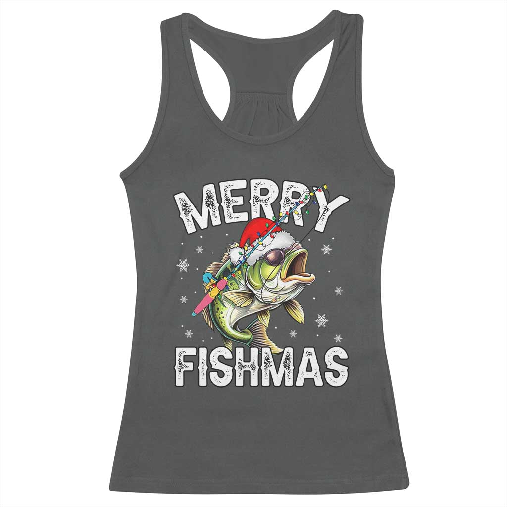 Funny Christmas Fishing Racerback Tank Top Merry Fishmas Bass Fish Rod TS11 Dark Heather Print Your Wear