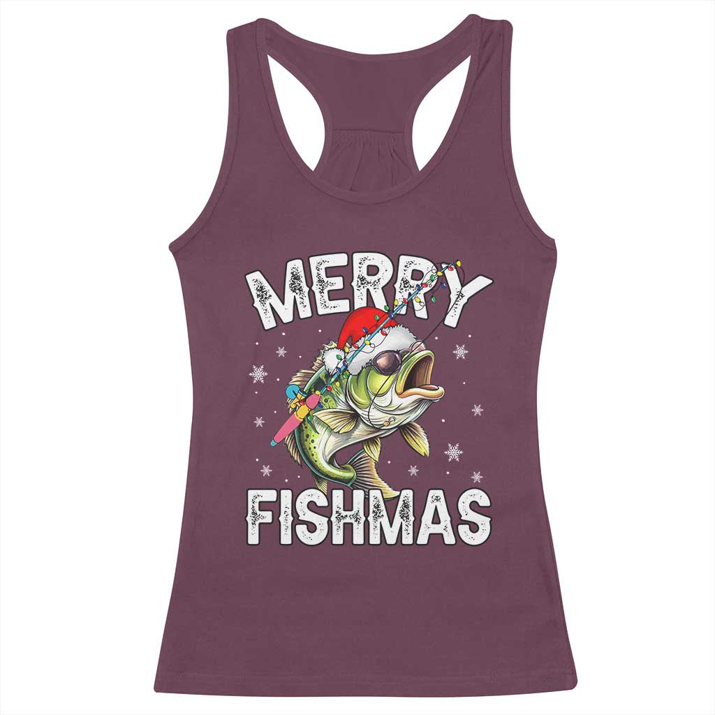 Funny Christmas Fishing Racerback Tank Top Merry Fishmas Bass Fish Rod TS11 Maroon Print Your Wear