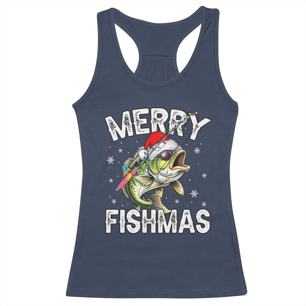 Funny Christmas Fishing Racerback Tank Top Merry Fishmas Bass Fish Rod TS11 Navy Print Your Wear