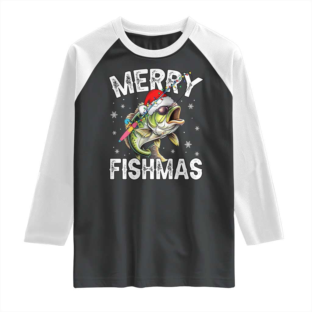 Funny Christmas Fishing Raglan Shirt Merry Fishmas Bass Fish Rod TS11 Black White Print Your Wear