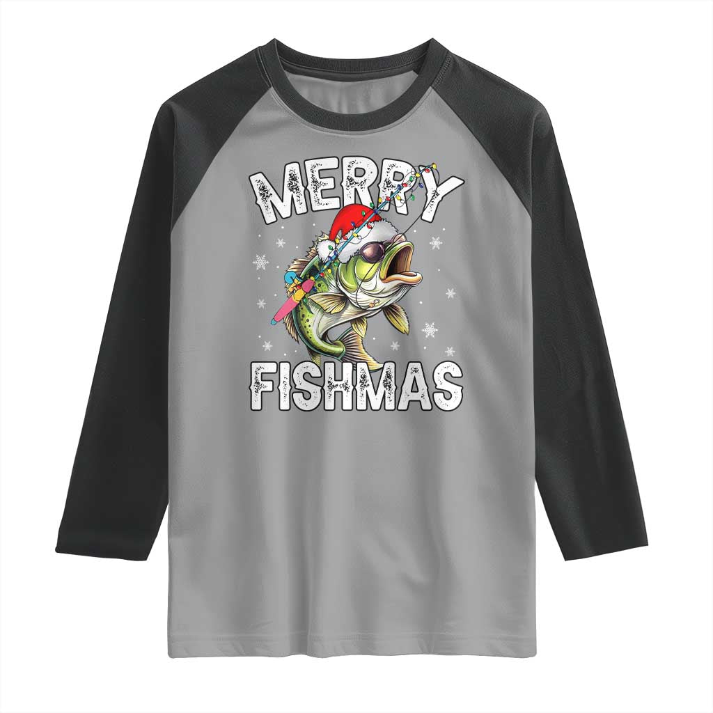 Funny Christmas Fishing Raglan Shirt Merry Fishmas Bass Fish Rod TS11 Sport Gray Black Print Your Wear