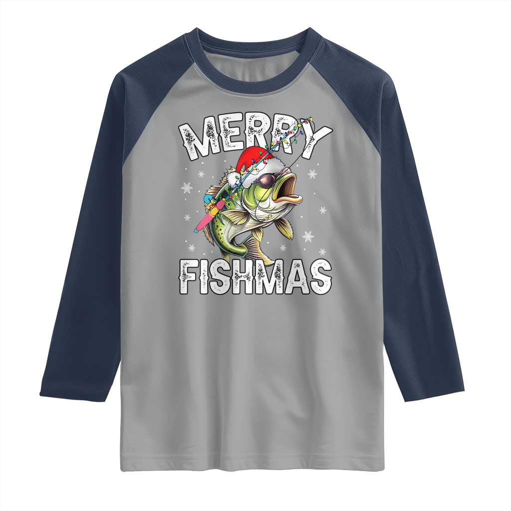 Funny Christmas Fishing Raglan Shirt Merry Fishmas Bass Fish Rod TS11 Sport Gray Navy Print Your Wear