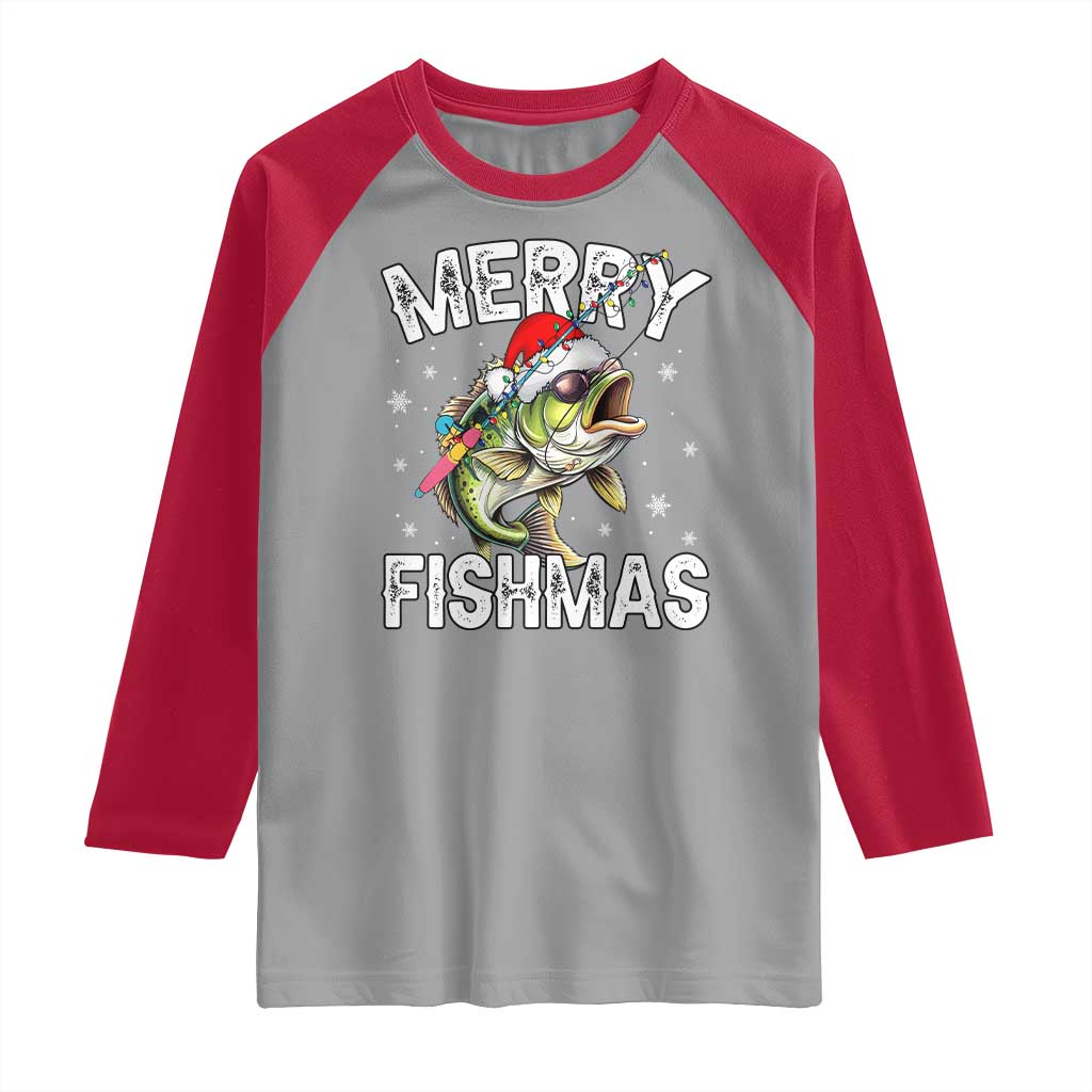 Funny Christmas Fishing Raglan Shirt Merry Fishmas Bass Fish Rod TS11 Sport Gray Red Print Your Wear