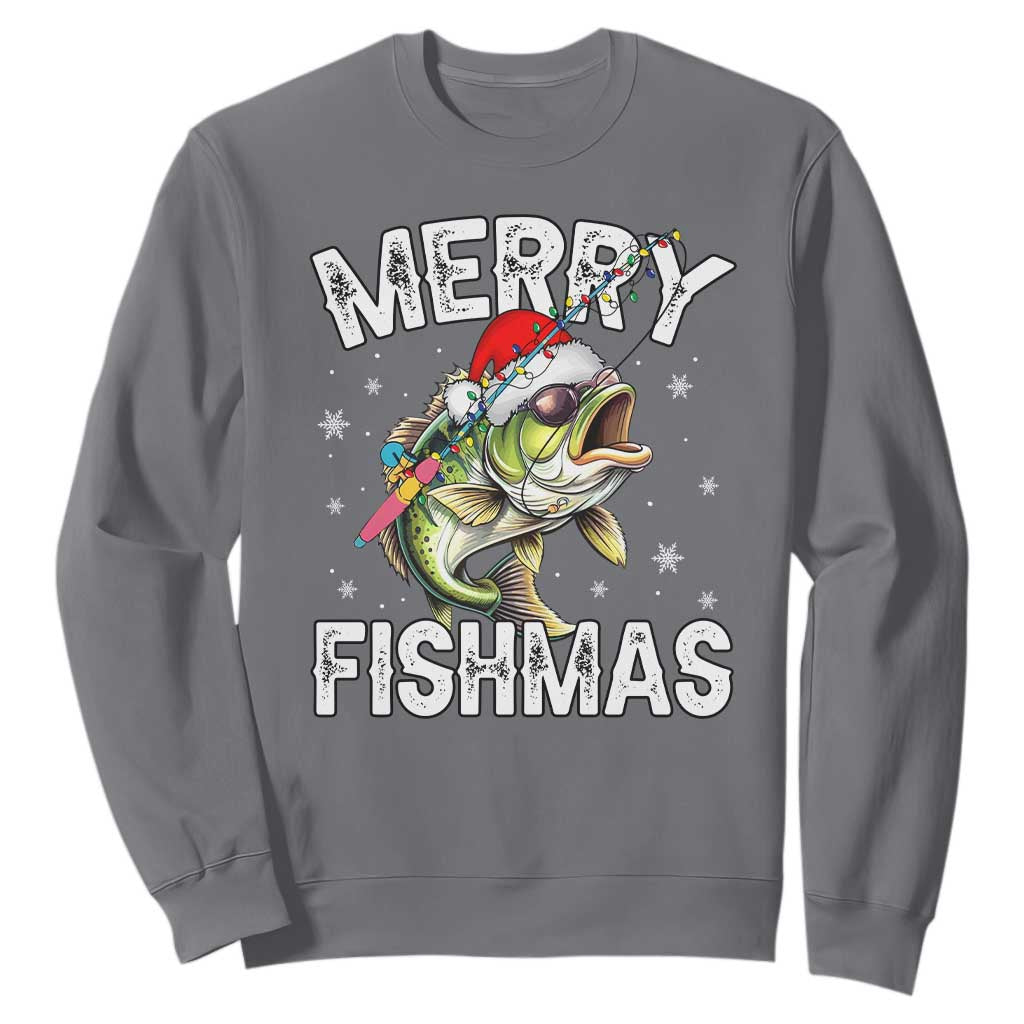 Funny Christmas Fishing Sweatshirt Merry Fishmas Bass Fish Rod TS11 Charcoal Print Your Wear