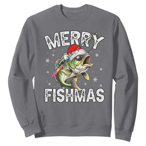 Funny Christmas Fishing Sweatshirt Merry Fishmas Bass Fish Rod TS11 Charcoal Print Your Wear