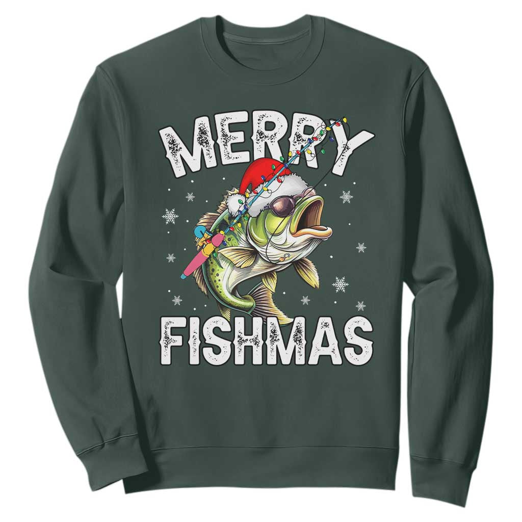 Funny Christmas Fishing Sweatshirt Merry Fishmas Bass Fish Rod TS11 Dark Forest Green Print Your Wear