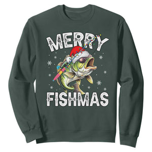 Funny Christmas Fishing Sweatshirt Merry Fishmas Bass Fish Rod TS11 Dark Forest Green Print Your Wear