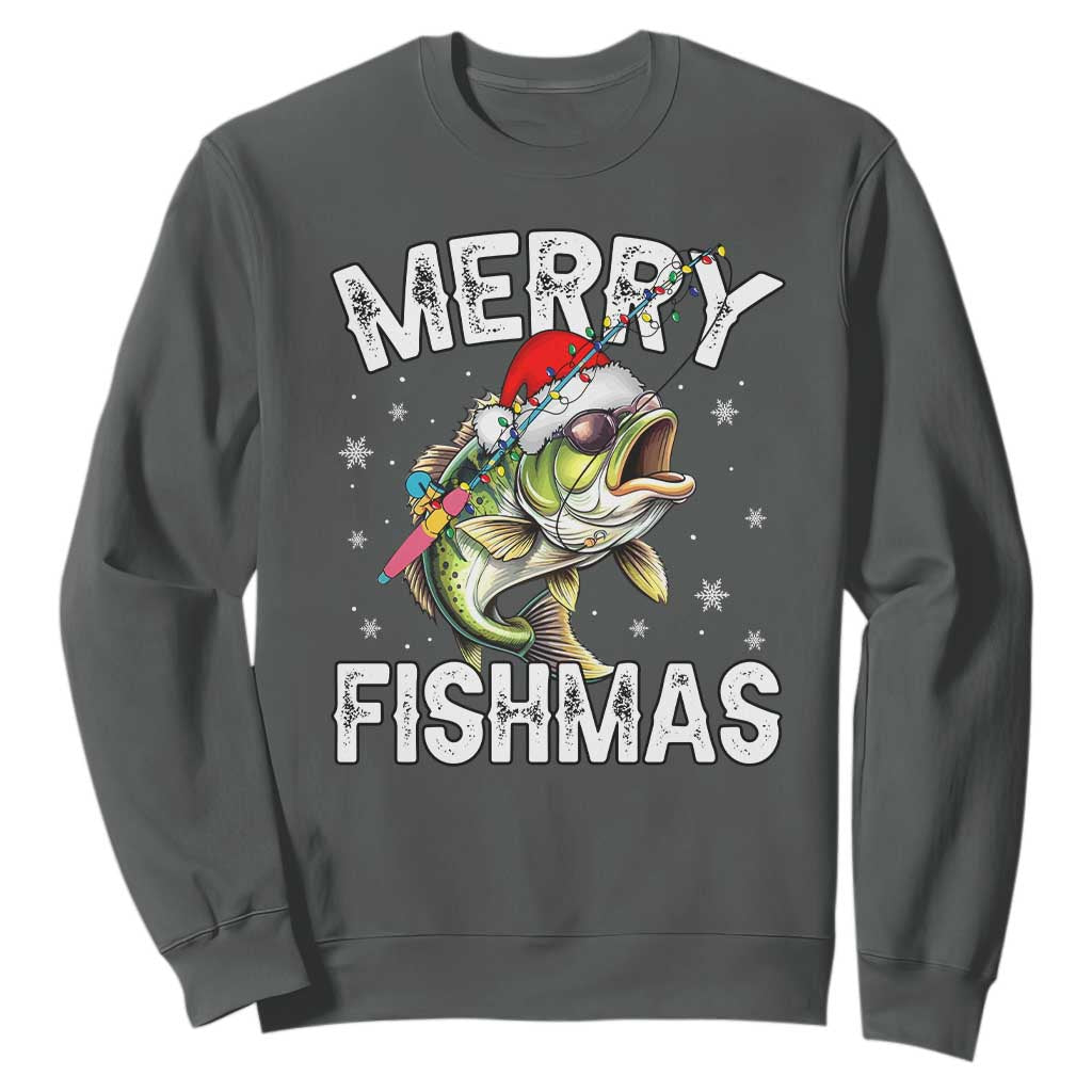 Funny Christmas Fishing Sweatshirt Merry Fishmas Bass Fish Rod TS11 Dark Heather Print Your Wear