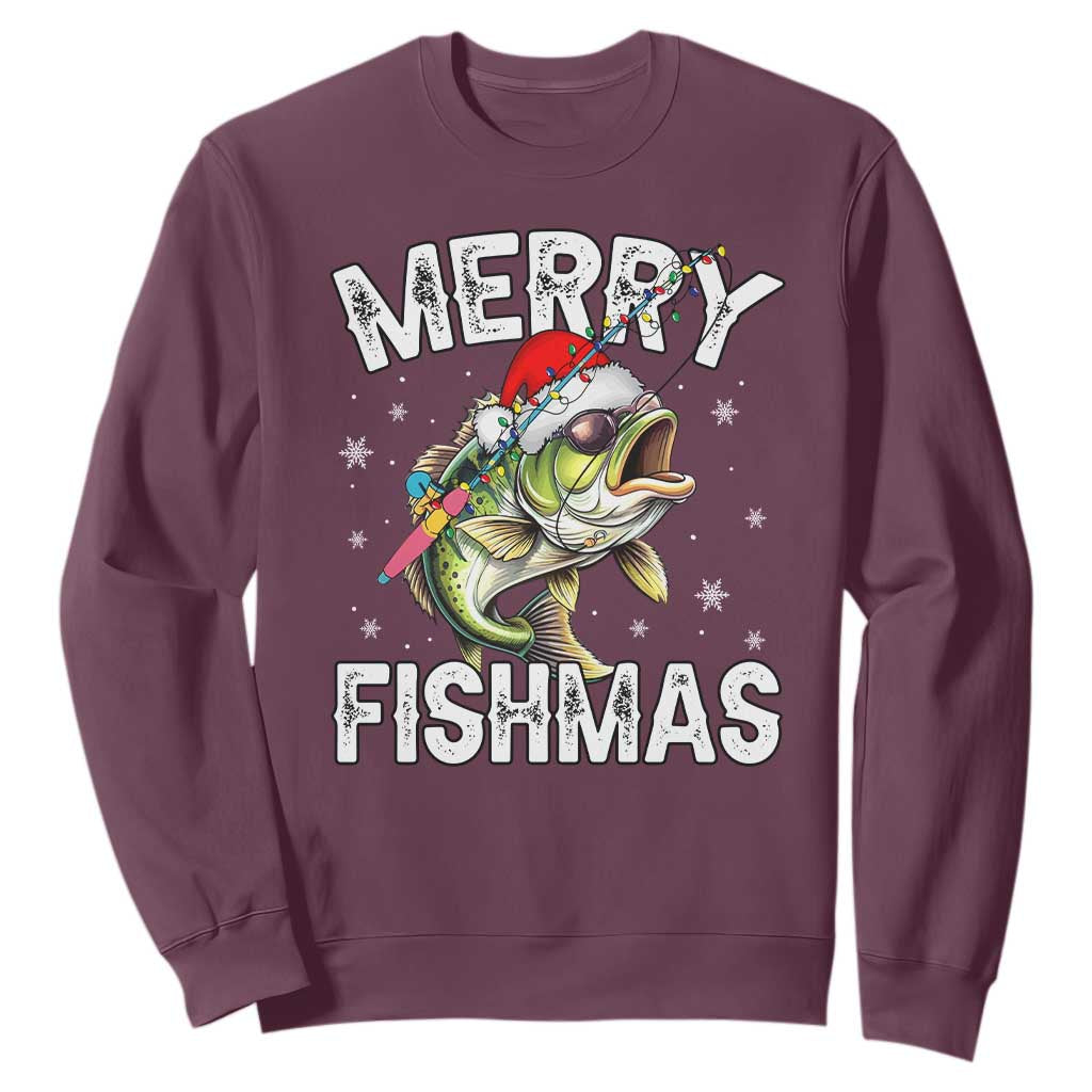 Funny Christmas Fishing Sweatshirt Merry Fishmas Bass Fish Rod TS11 Maroon Print Your Wear